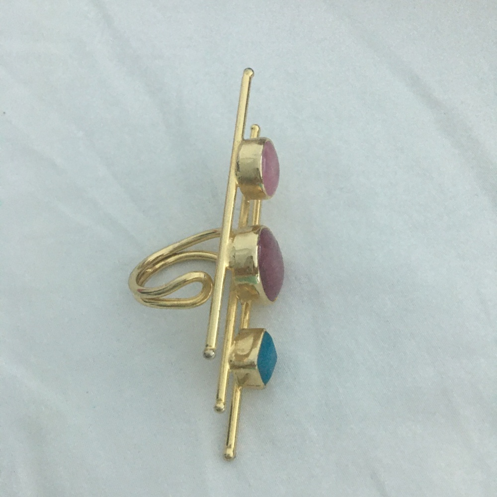 Gold Pl Ring With Agate. Size Adjustable Nwot - image 6